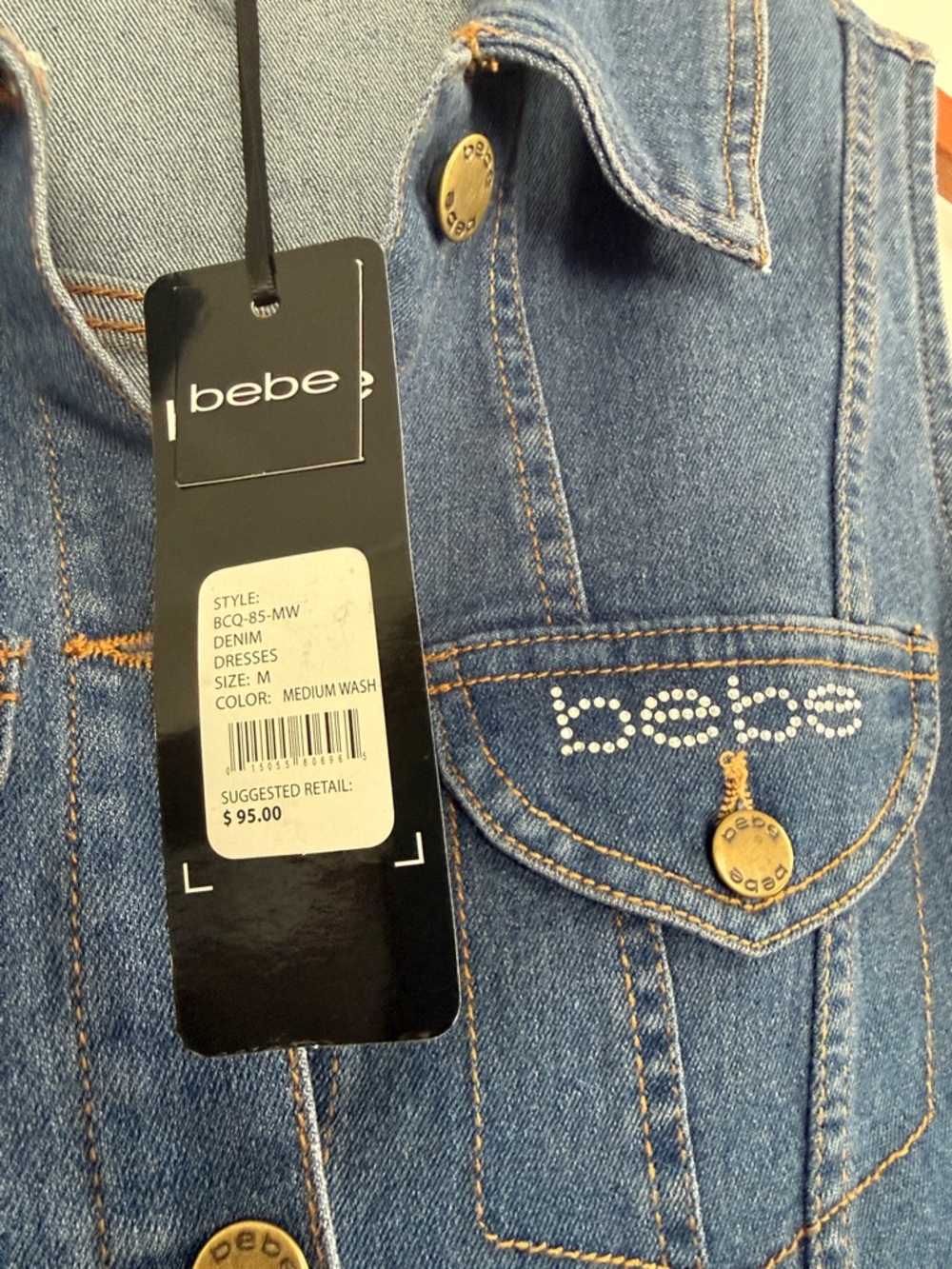 bebe Sleeveless Dark Blue Denim Button-Front Midi Dress - Picture 2 of 5